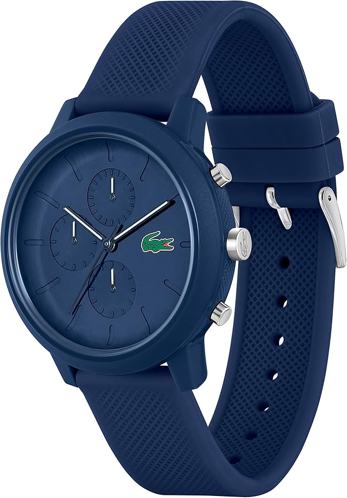 Lacoste chronograph watch displayed at angle showing blue strap and Lacoste logo on dial