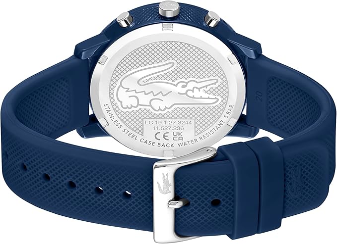 Lacoste 2011244 caseback showing engraved crocodile logo and watch specifications