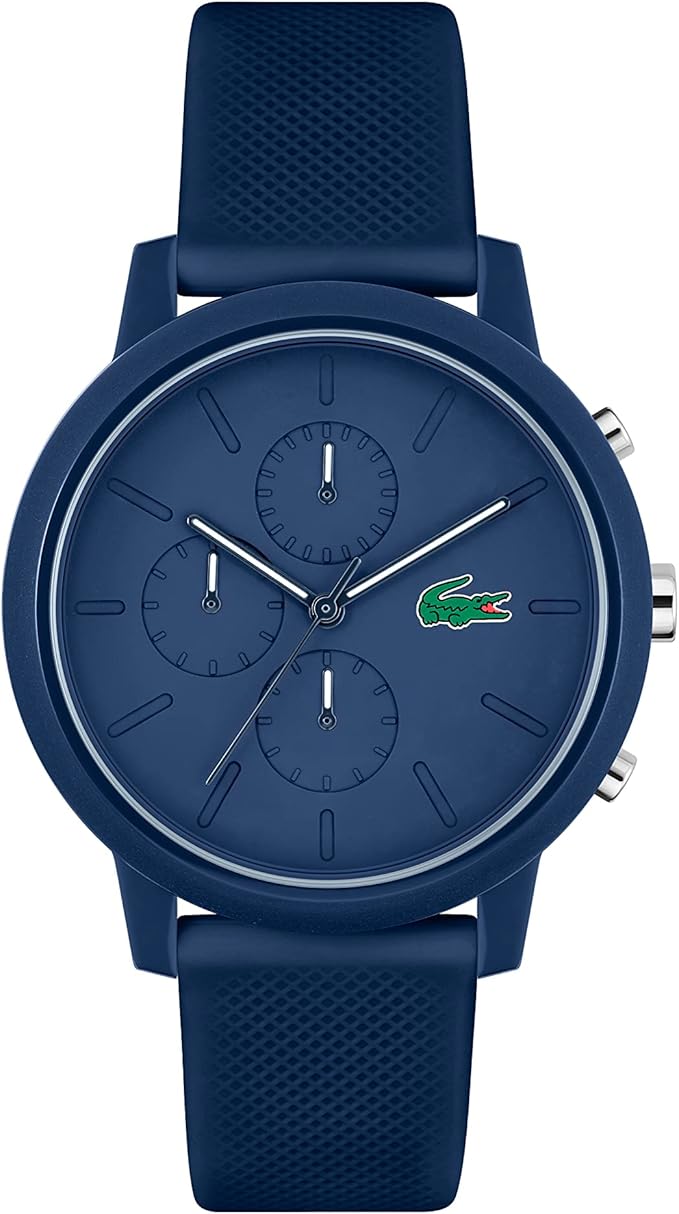 Lacoste 43mm chronograph watch with blue dial, three subdials, and blue silicone strap