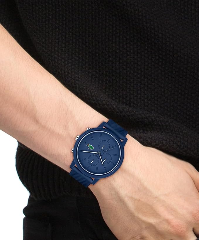 Lacoste 43mm blue chronograph watch worn on wrist with blue silicone strap