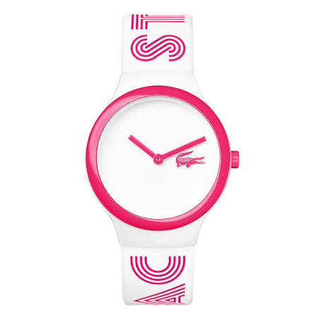 Lacoste white and pink analog quartz watch with silicone strap and Lacoste logo