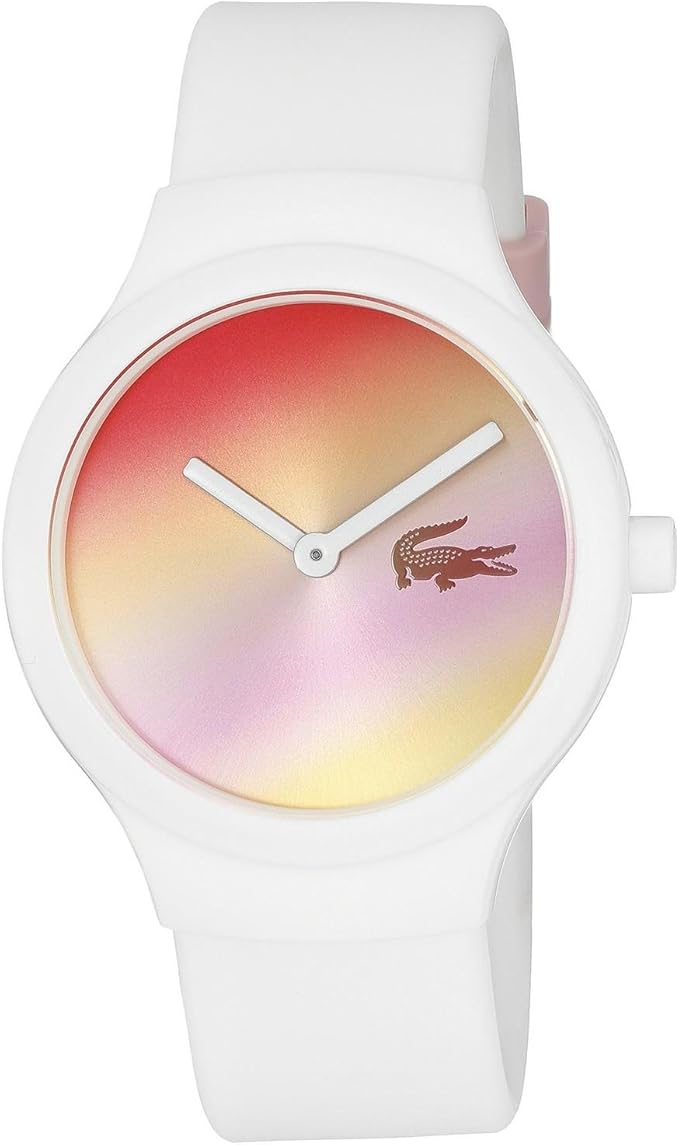 Lacoste unisex quartz watch with white case, gradient red-to-pink-to-yellow dial, and white silicone strap