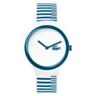 Lacoste 2020118 watch with white dial, blue case and white blue striped rubber strap