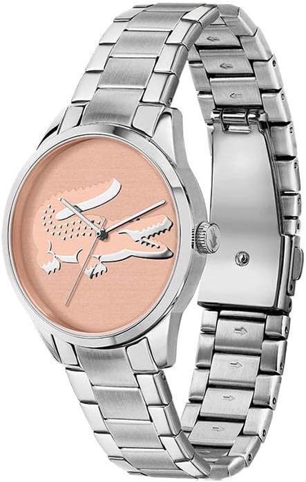 Side angle view of Lacoste chronograph watch showing stainless steel bracelet and peach dial