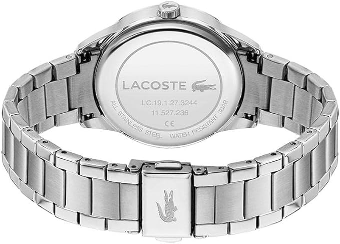 Caseback of Lacoste chronograph watch showing stainless steel construction and engraved branding