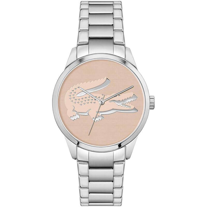 Lacoste 44mm chronograph watch with peach dial and crocodile logo on stainless steel bracelet