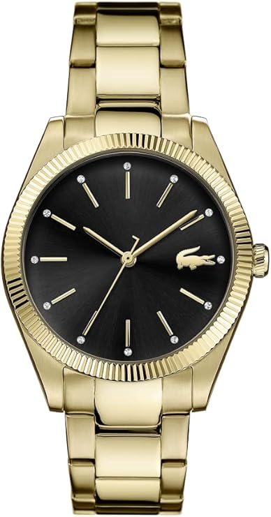 Lacoste women's watch with black dial, gold-tone stainless steel case and strap