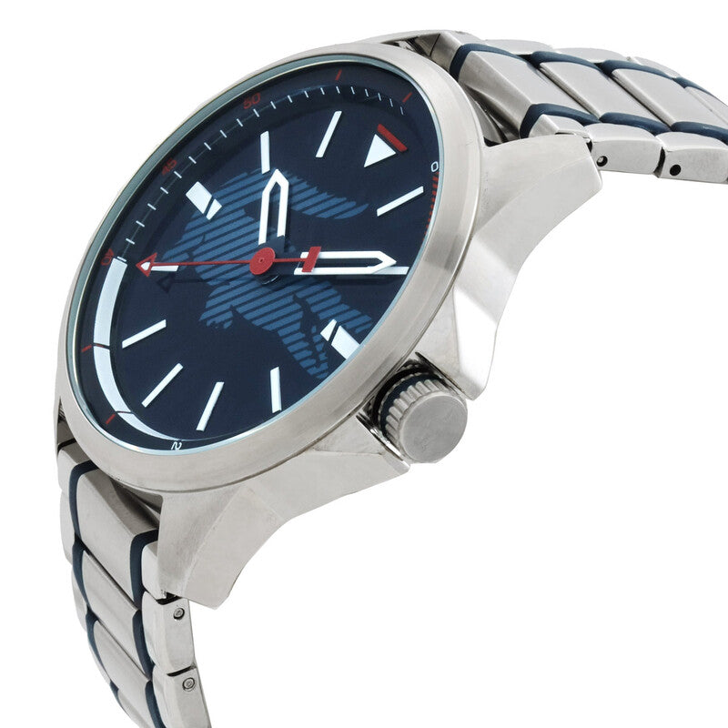 Side angle view of Lacoste Capbreton watch showing silver case and blue strap