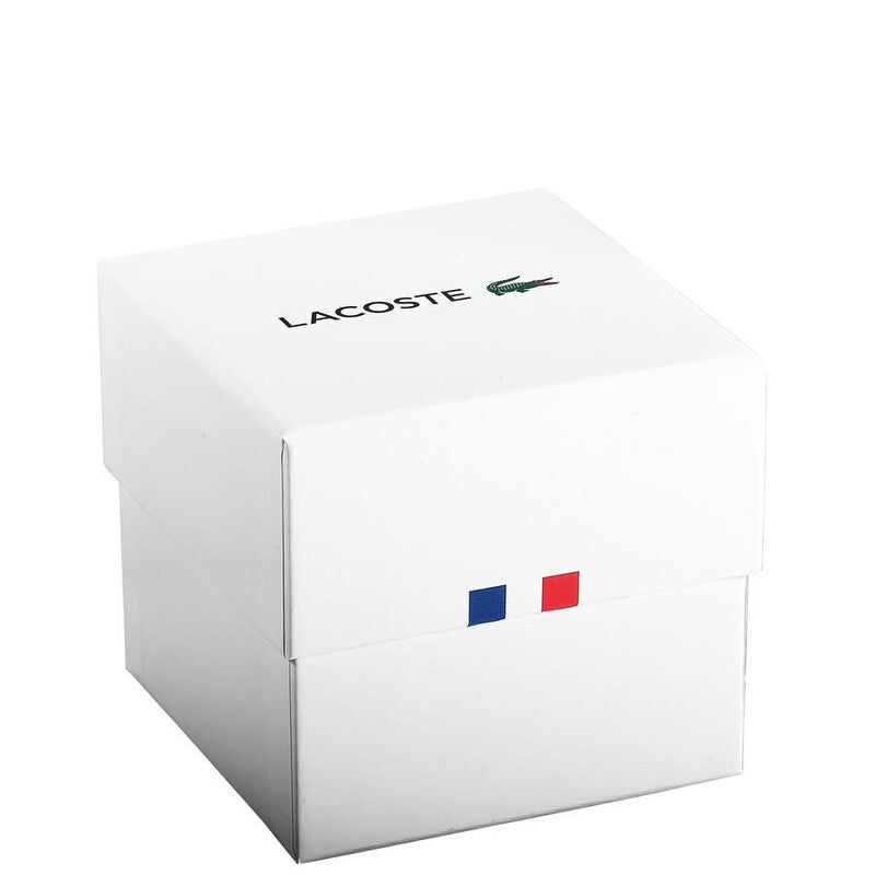 Lacoste brand presentation box with blue and red stripe details