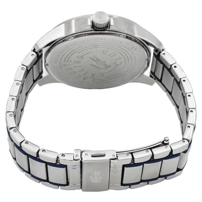Caseback of Lacoste Capbreton watch with stainless steel and blue silicone strap