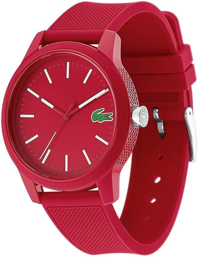 Lacoste Classic red watch displayed at angle showing case and strap detail