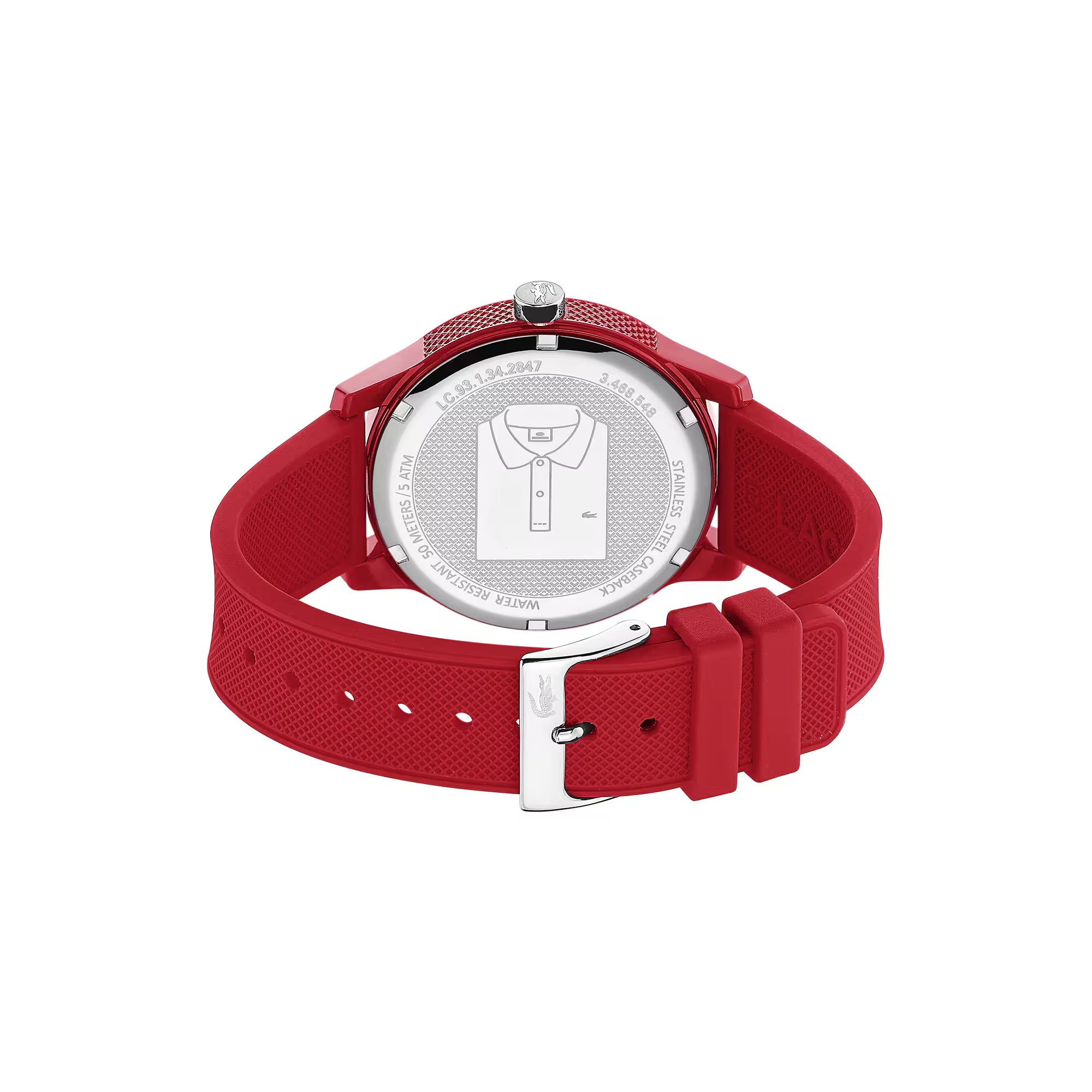Lacoste Classic red watch caseback showing brand engraving and red silicone band