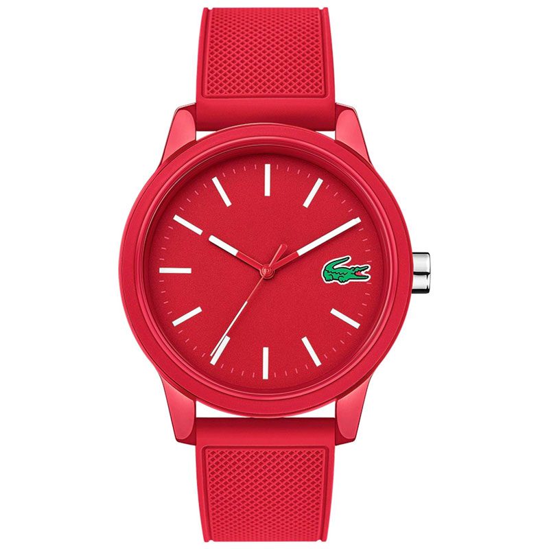 Lacoste Classic red dial watch with red silicone band and crocodile logo