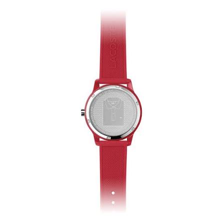 Lacoste Classic red silicone strap with adjustment holes and metal buckle