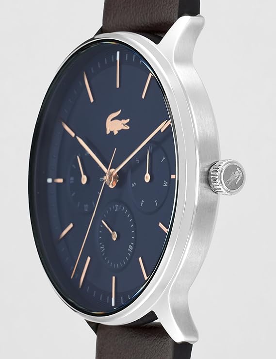 Lacoste Club watch angle view with blue chronograph dial and crown detail