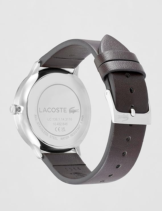 Lacoste Club caseback showing brown leather strap and silver-tone case back