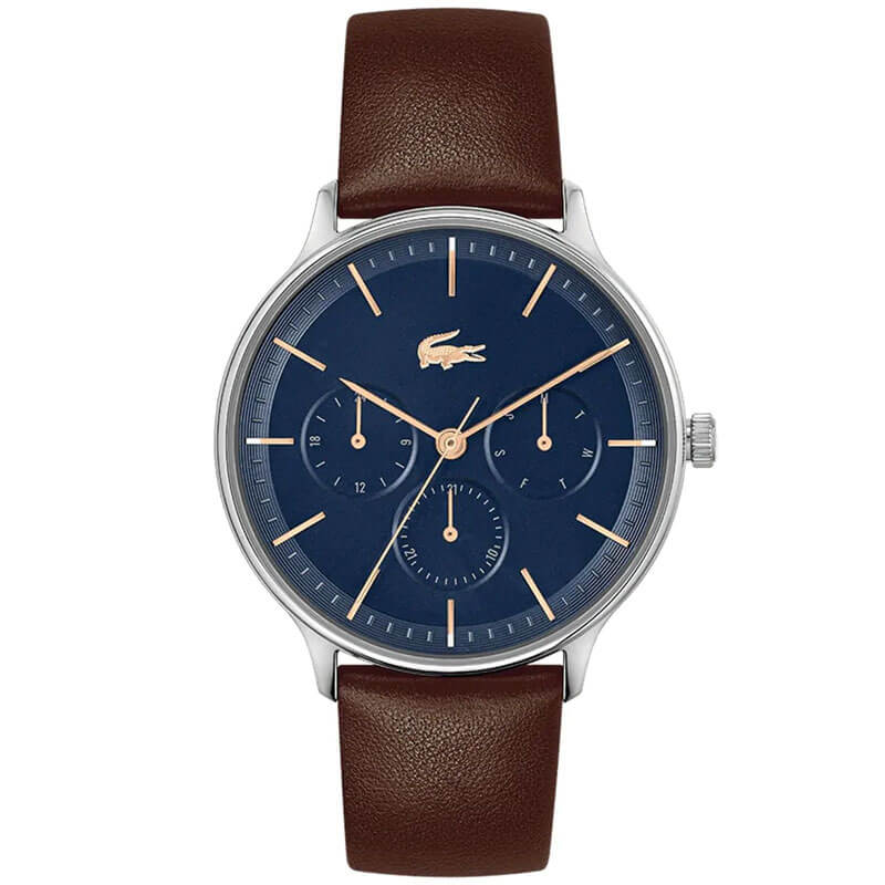 Lacoste Club men's watch with blue chronograph dial, rose gold hands, and brown leather strap