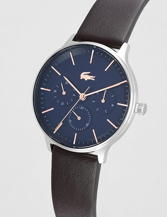Lacoste Club side view showing watch profile with brown leather strap