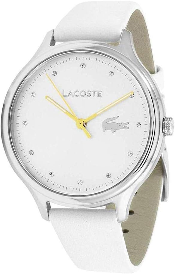 Lacoste CONSTANCE watch angled view showing silver dial and white strap