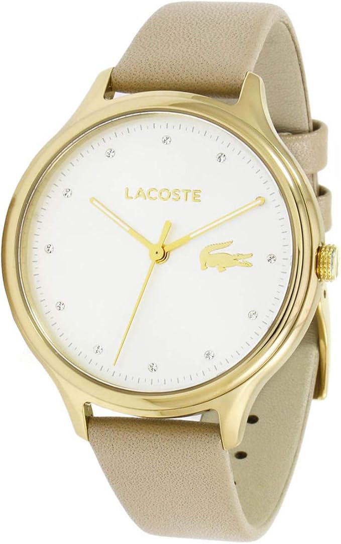 Angled view of Lacoste Constance watch with white dial and gold hands