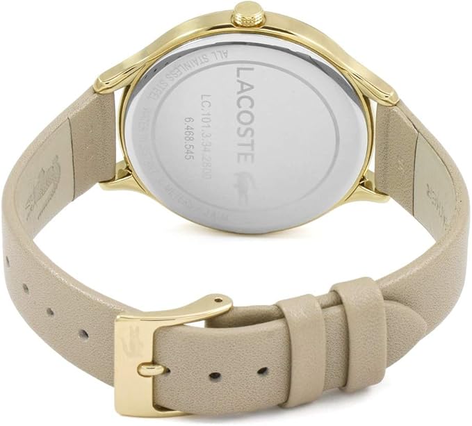 Caseback view of Lacoste Constance watch with tan leather strap and gold buckle