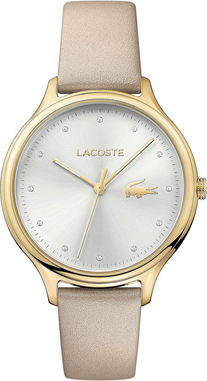 Lacoste Constance women's watch with gold case, white dial, and tan leather strap