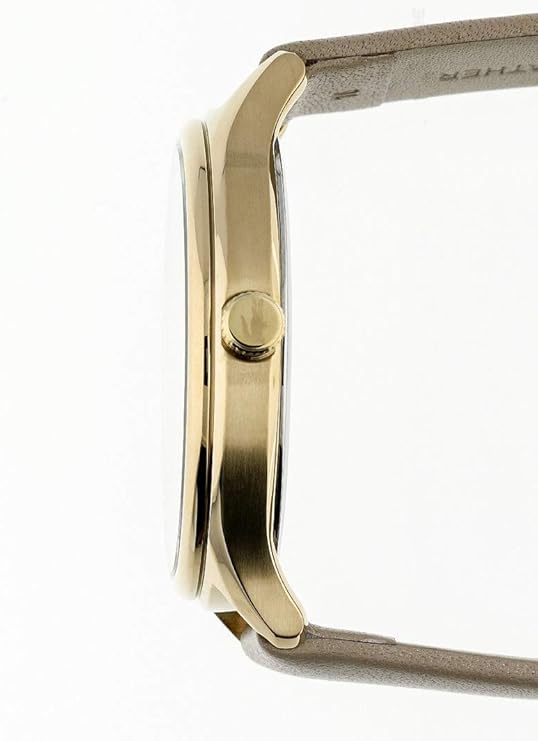 Side profile of Lacoste Constance watch showing gold case thickness and tan leather strap