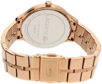 Lacoste Constance rose gold stainless steel case back showing Lacoste branding and specifications