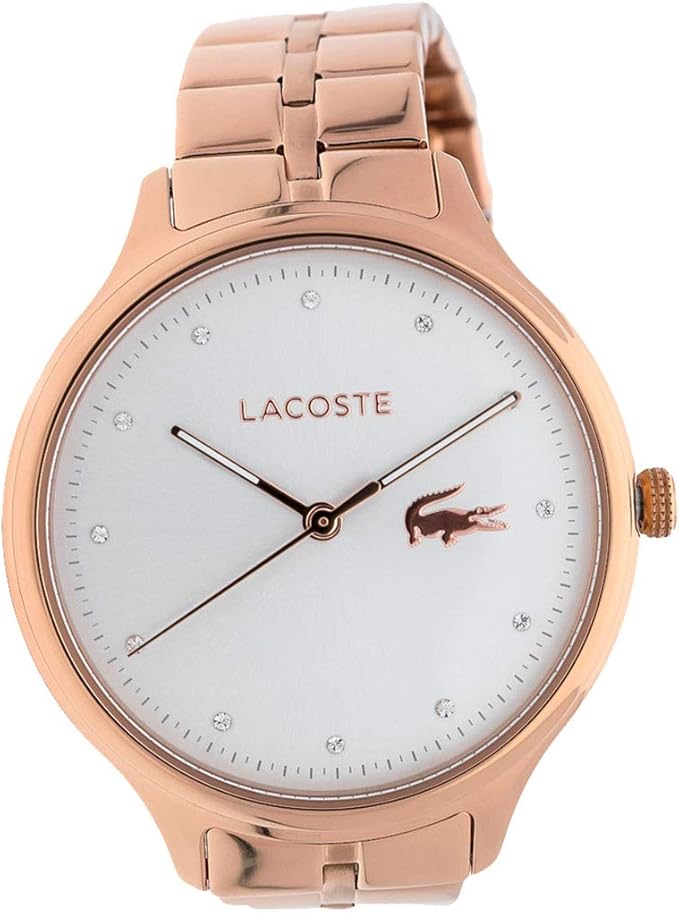 Lacoste Constance white dial rose gold watch with stainless steel bracelet, front view