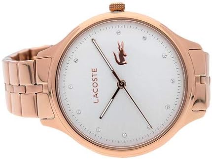 Lacoste Constance watch on-wrist display showing white dial with rose gold case