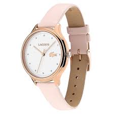 Lacoste Constance watch angled side view showing rose gold case and pink leather strap