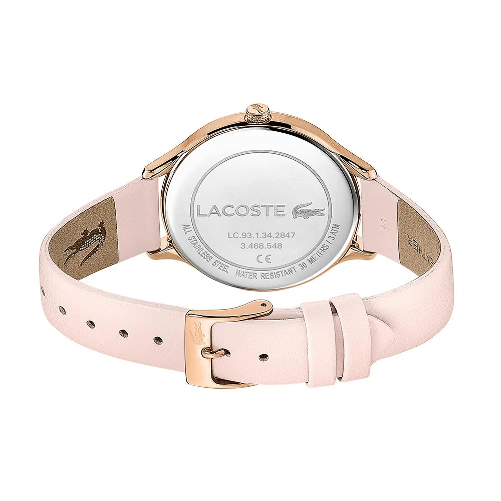 Lacoste Constance watch caseback showing engraved Lacoste logo and model information