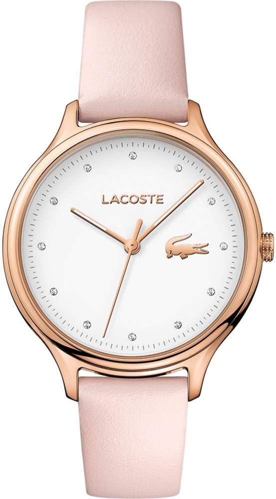 Lacoste Constance watch with rose gold case, white dial, pink leather strap, and diamond hour markers