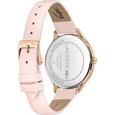 Lacoste Constance watch side profile showing rose gold case and pink leather strap