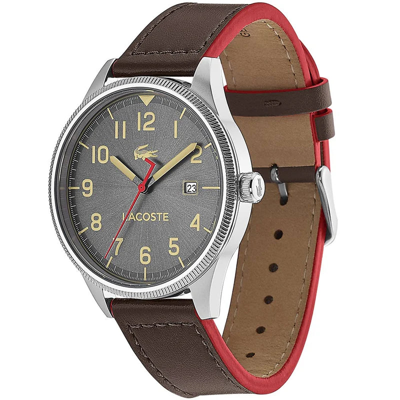 Lacoste Continental watch showing brown leather strap with red inner lining and side profile