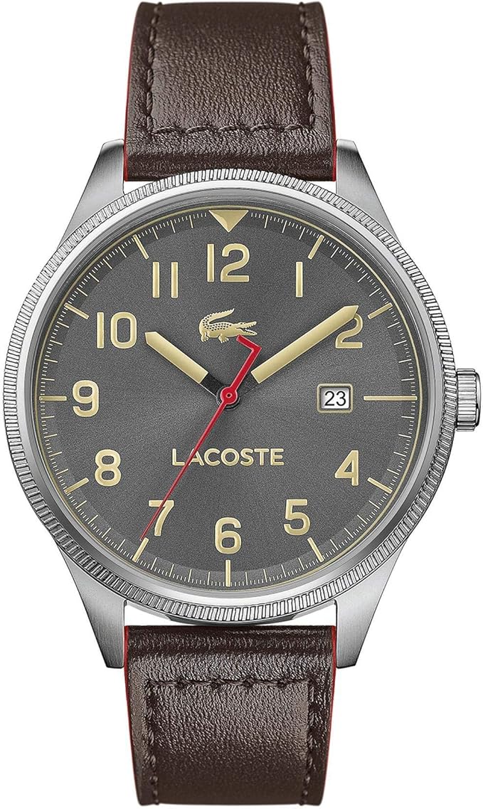 Lacoste Continental watch with grey dial, gold numerals, brown leather strap, and date window