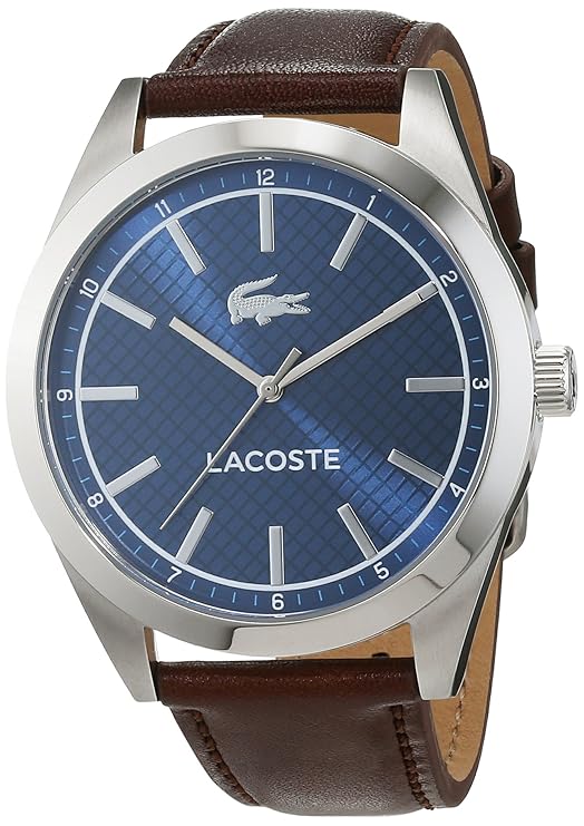 Lacoste Edmonton watch displayed at angle showing blue patterned dial and brown leather strap