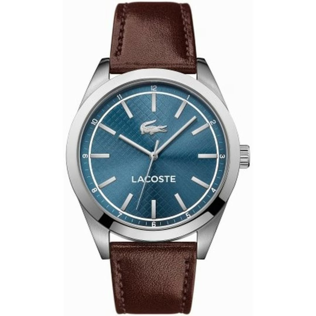 Lacoste Edmonton men's watch with blue dial, silver case, and brown leather strap