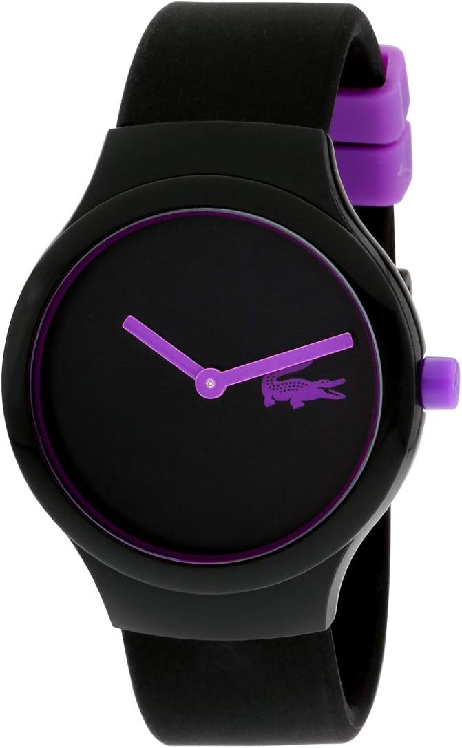 Lacoste Goa watch with black dial, purple hands and markers, black rubber strap