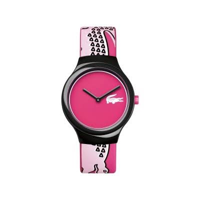 Lacoste Goa watch with bright pink dial and black case