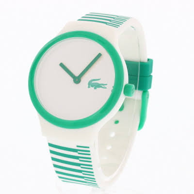 Lacoste Goa watch showing white silicone strap with green stripes and buckle