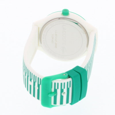 Lacoste Goa watch caseback showing engraved details and green crown