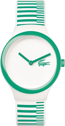 Lacoste Goa white dial green bezel watch with striped silicone strap