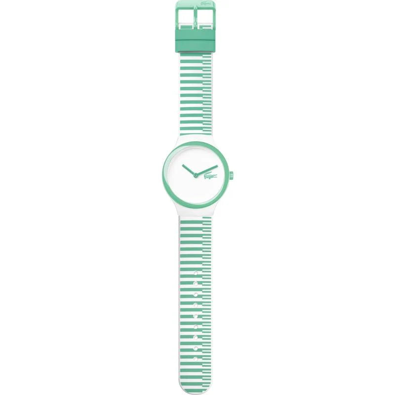 Lacoste Goa watch full view showing extended strap and green case design