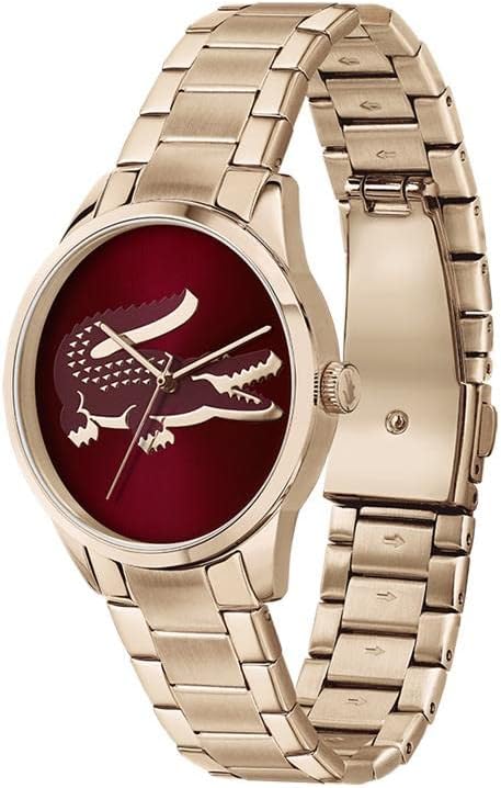 Lacoste Ladycroc rose gold watch with burgundy dial shown at side angle with metal bracelet