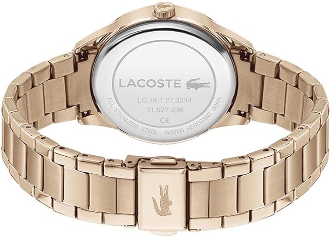 Caseback of Lacoste Ladycroc rose gold watch with engraved Lacoste logo and model details