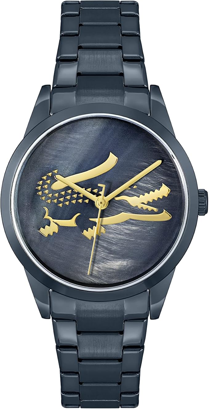 Lacoste LADYCROC MINI women's watch with gold crocodile logo on navy dial and steel bracelet