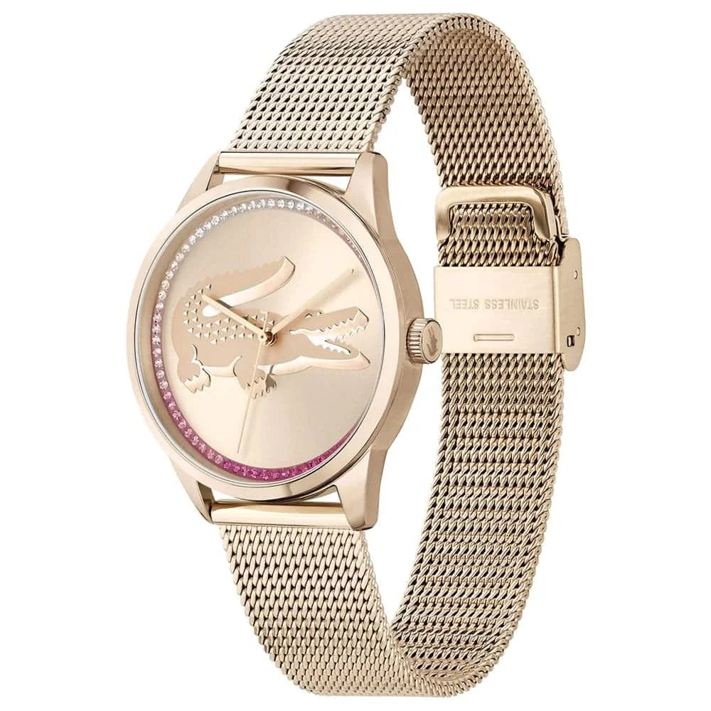 Lacoste Ladycroc women's watch showing side profile with mesh band and crocodile logo dial
