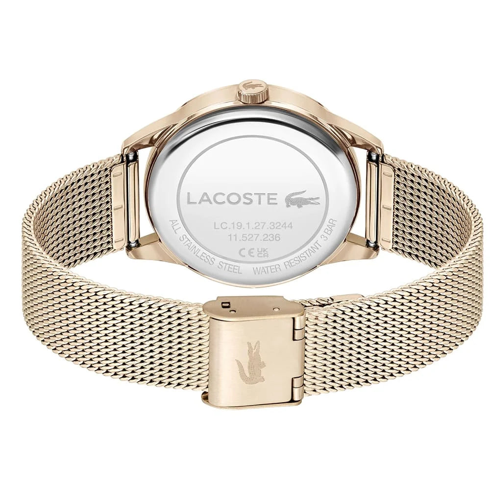 Lacoste Ladycroc caseback showing mesh strap and stainless steel case details