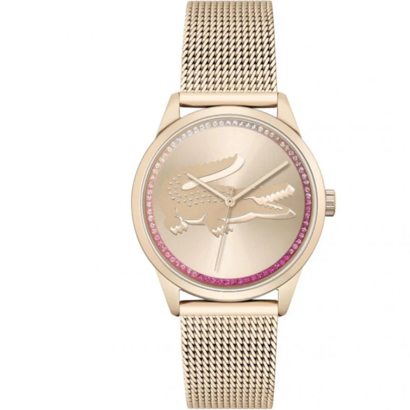 Lacoste Ladycroc carnation gold dial women's watch with mesh strap and pink crystal bezel